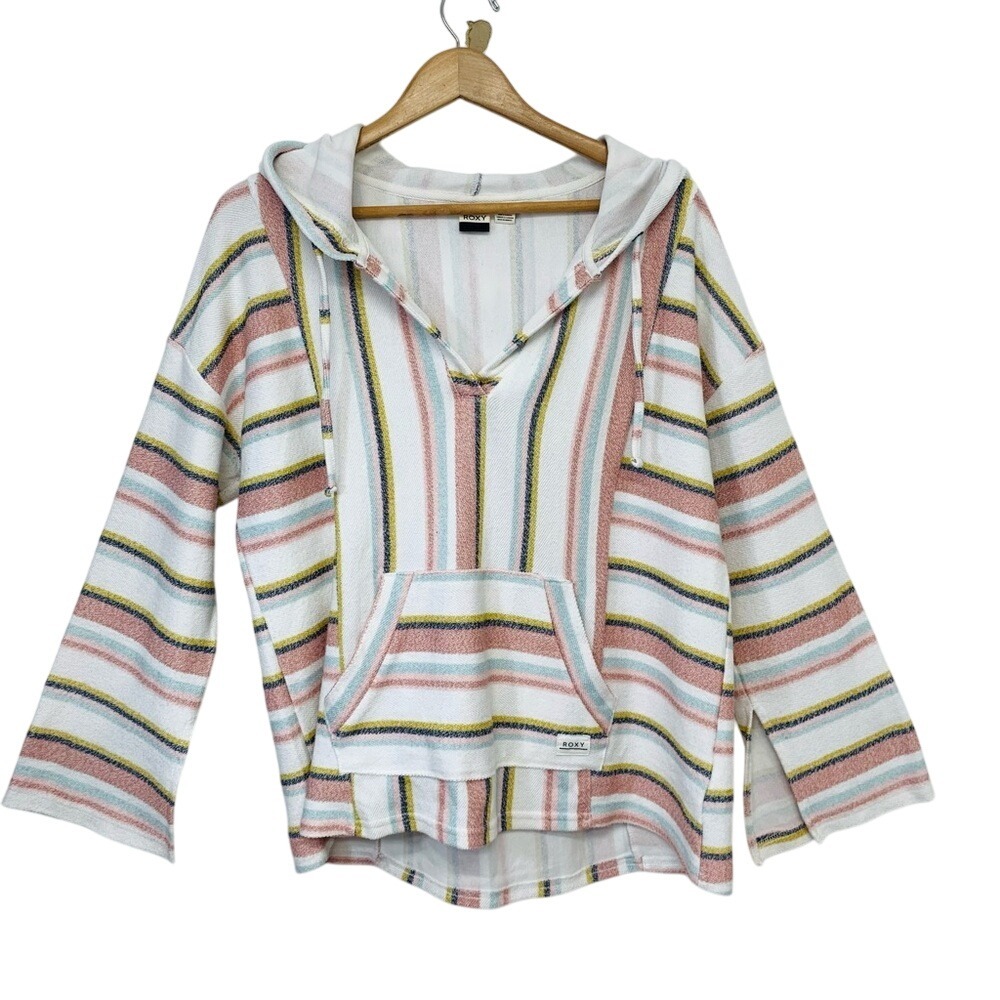 Roxy Hoodie Sweatshirt Woman Large Pink Stripe Island Vibes Beachy Stretch Boho